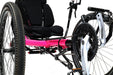 Azub T-Tris AR Neon Pink Recumbent Trike close up of front boom.  Black boom, and crankset, silver cranks