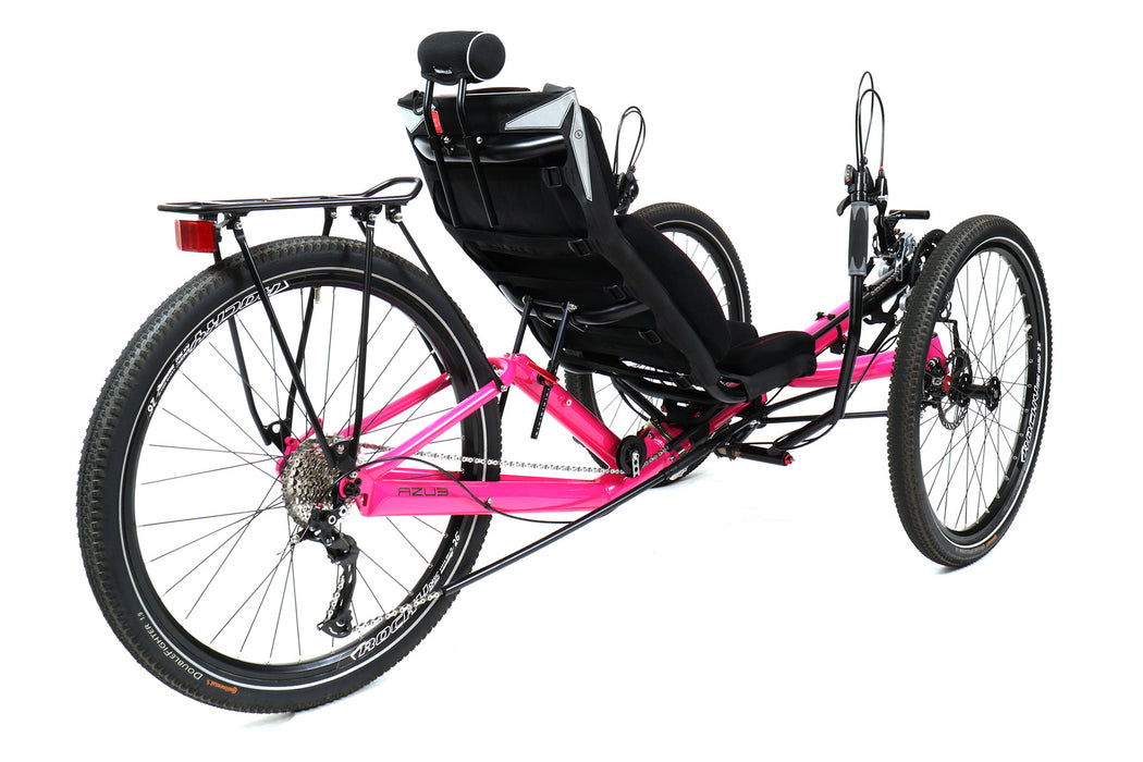 Azub T-Tris AR Neon Pink Recumbent Trike, back angle view of wheel, rack and seat with headrest.