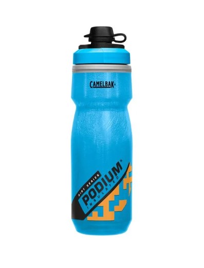Studio image of blue orange and black insulated Camelbak Podium water bottle.