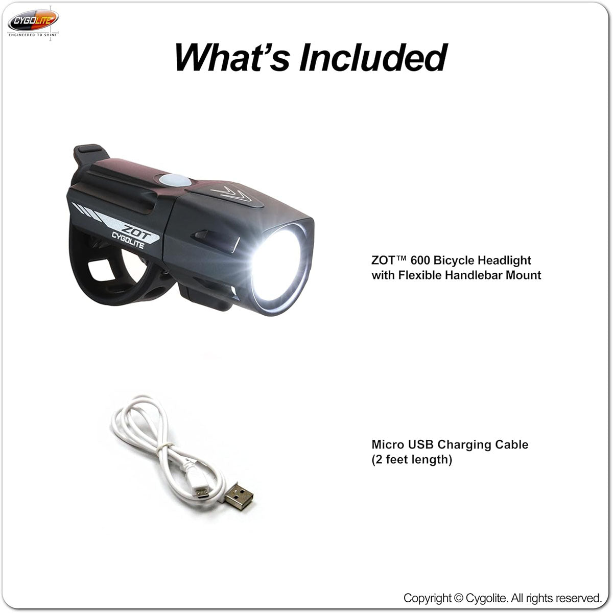 Cygolite Zot 600 Headlight, studio included parts view