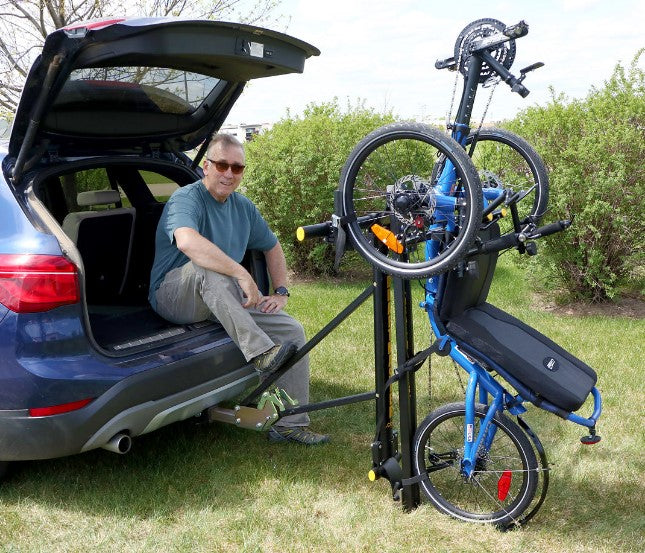 Draftmaster Auto Rack HR-1T Trike - 2" Hitch On the Back of Vehicle with Trike and Man on the Car