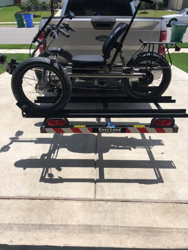 Easy Load Tray X-Large 2" Hitch Rack with Three Ramps, rear view of loaded rack