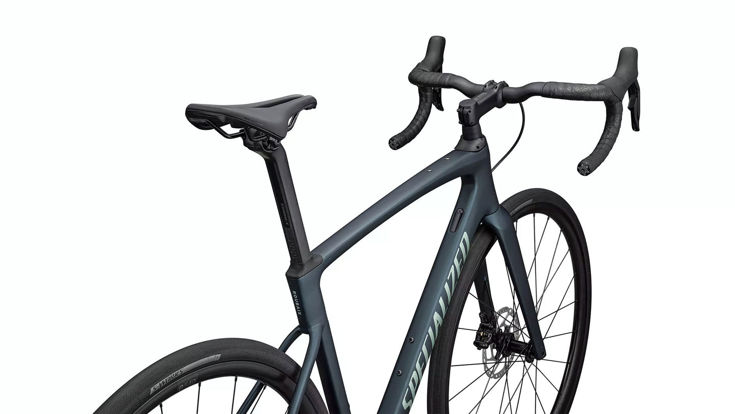 Specialized Roubaix Comp Road Bike with Future Shock in Deep Lake/Metallic White studio cockpit view