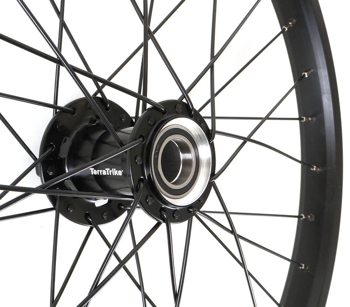 TerraTrike 20 inch EVO Front Wheel, studio hub detail view