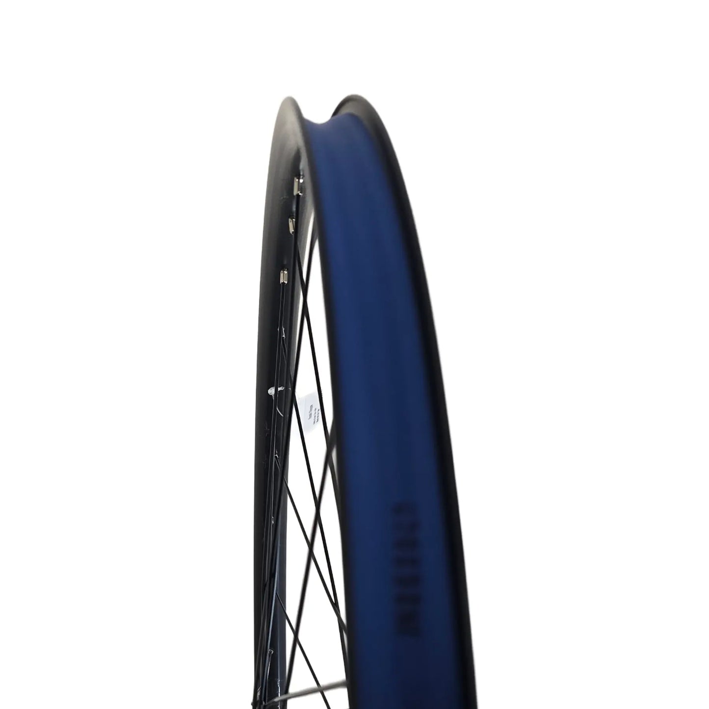 View of the inside of the rim with blue rim tape on the Catrike Black 20 Inch Front Wheel against a white background.