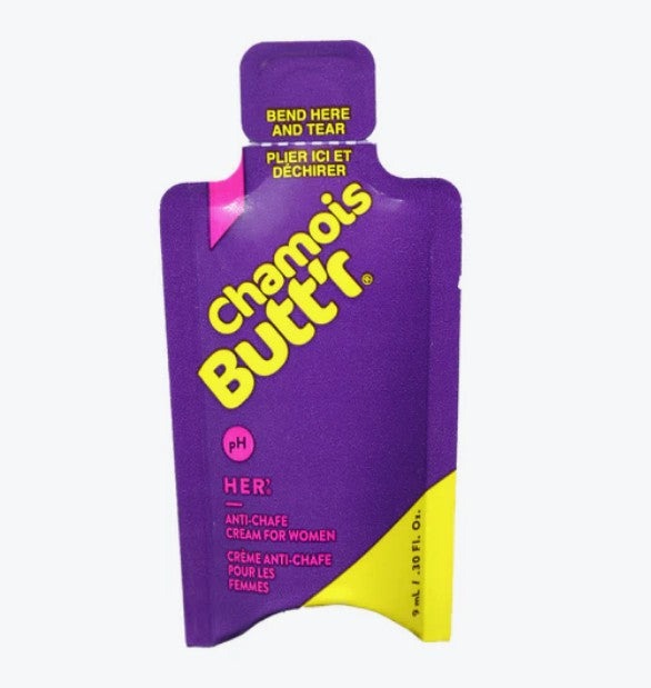 Chamois Butt'r anti-chafe cream for women in a purple, pink and yellow sachet packet.