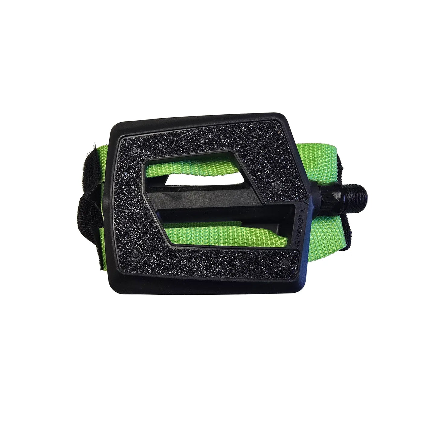 View of the black grippy surface on the Hostel Shoppe Take Off Platform Pedals with Green Velcro Straps against a white background.