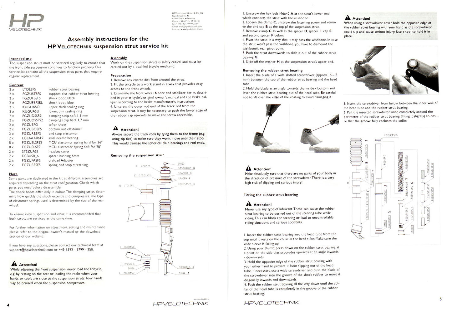 Digitized copy of the HP Velotechnik assembly instructions for the front suspension, including diagrams of the strut and a parts list.