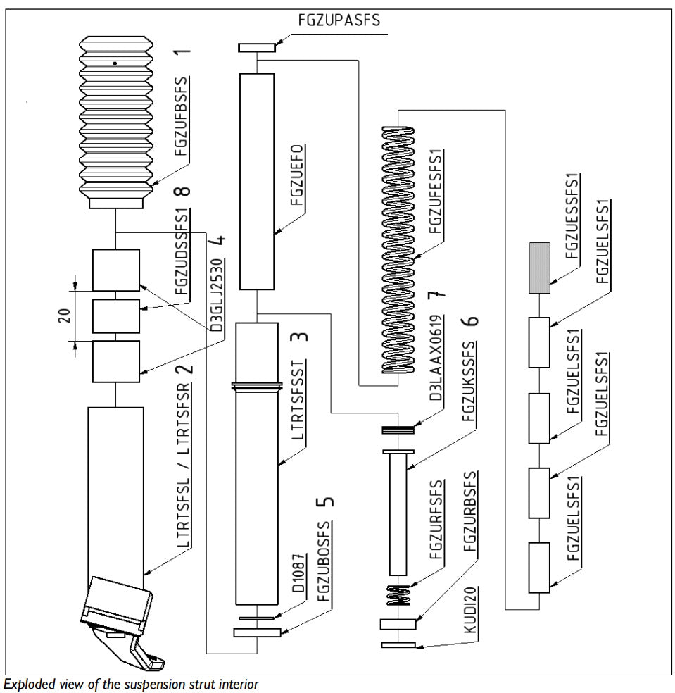 Exploded view of the HP Velotechnik Front Suspension Strut interior indicating the components of the strut interior.