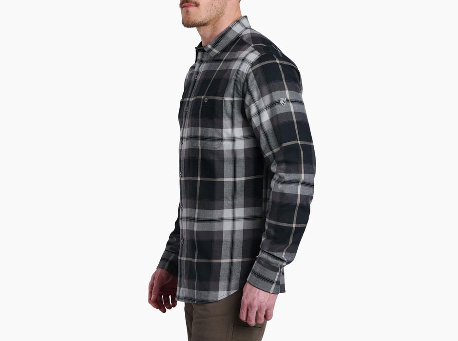 Kuhl Mens Fugitive Flannel Shirt Iron Mountain black and tan flannel studio image