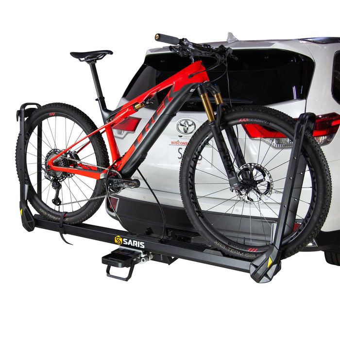 Saris MHS Duo Modular System 1 Bike Carrier, studio rear quarter view with bike