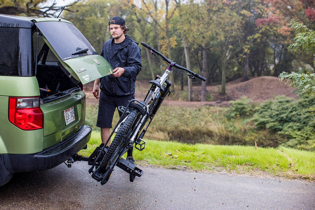 Saris MHS Duo Modular System 1 Bike Carrier, shown with bike mounted and tilted