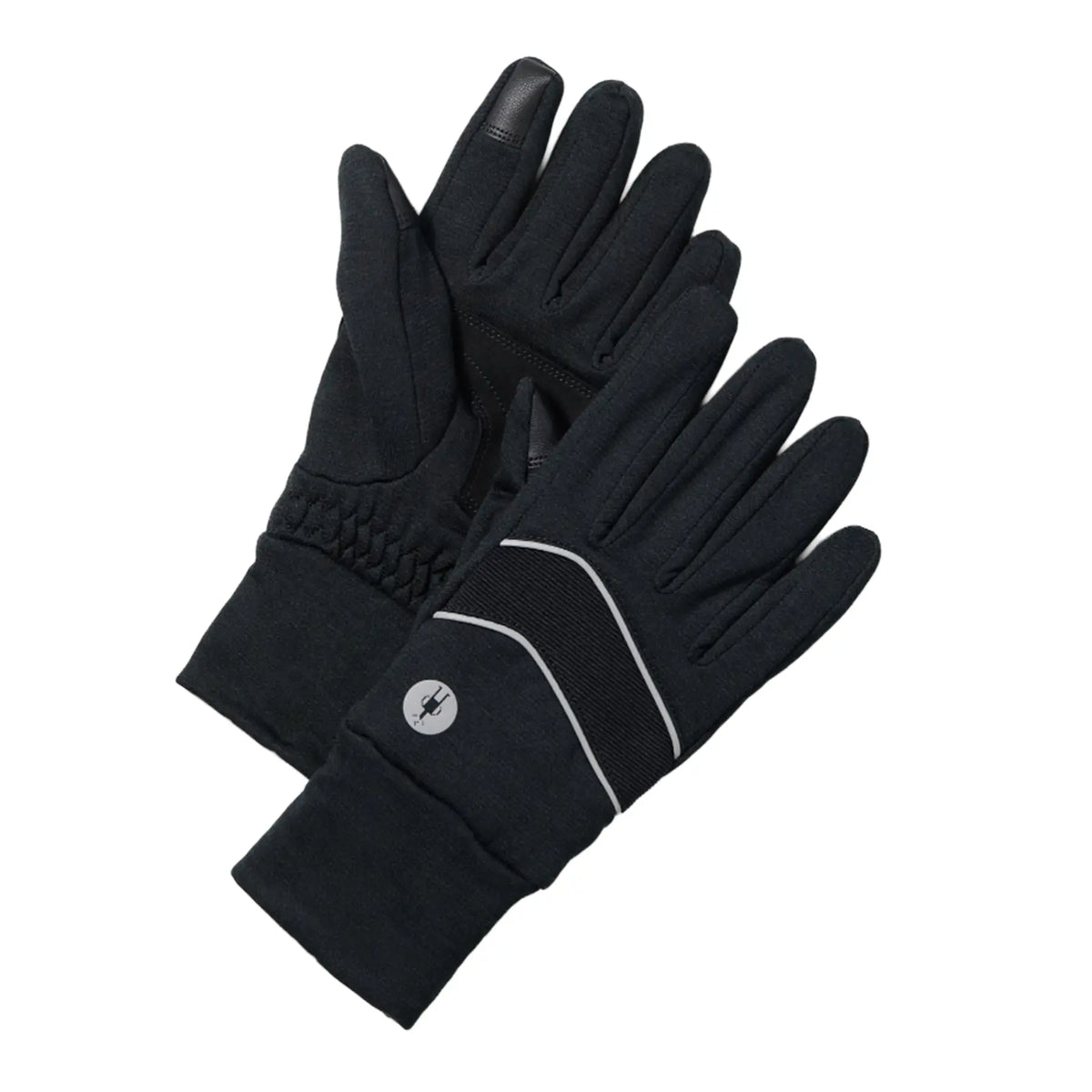 A pair of Smartwool Active Fleece Insulated Gloves in Black with a textured grip on the fingertips, a braided knit cuff, and thin white piping details, shown against a plain white background.