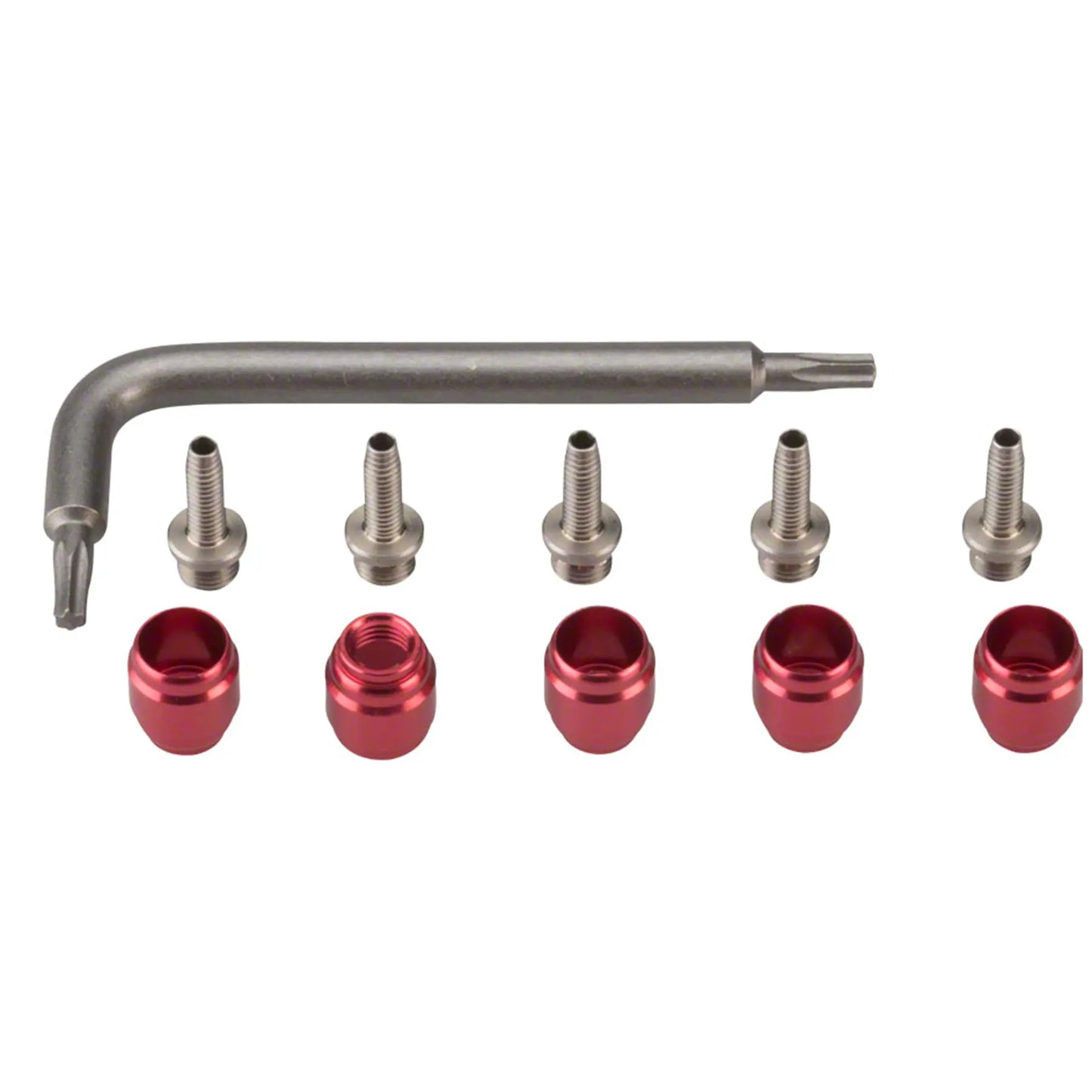 Image of the SRAM Stealthamajig Hydraulic Disc Brake Hose Fitting Kit with five threaded hose barbs, five compression fittings and one T8 Torx Wrench against a white background.