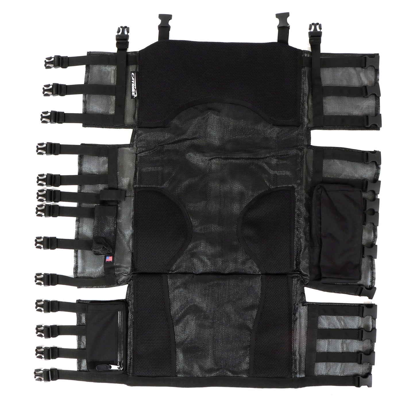 Studio top view of black replacement recumbent seat mesh for a Catrike 700 recumbent trike. Seat mesh has 13 buckles along sides and 4 buckles along the top.