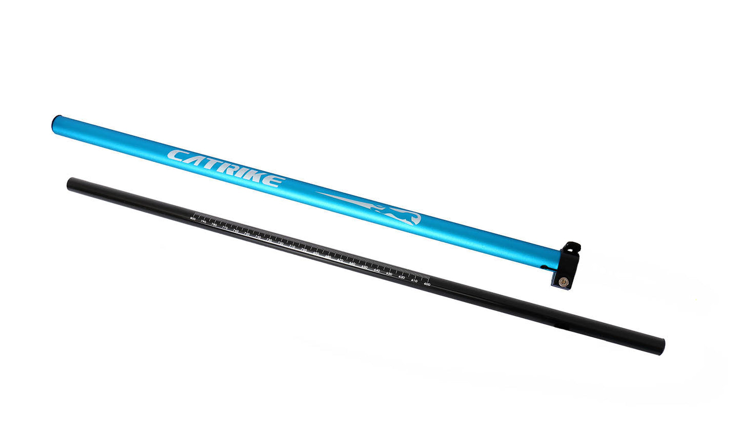 Studio image of blue and black rods that comprise the Catrike Calibro tool. The Blue rod has the Catrike logo in white lettering, the black rod has a ruler marked on it with white dashes and numerals.
