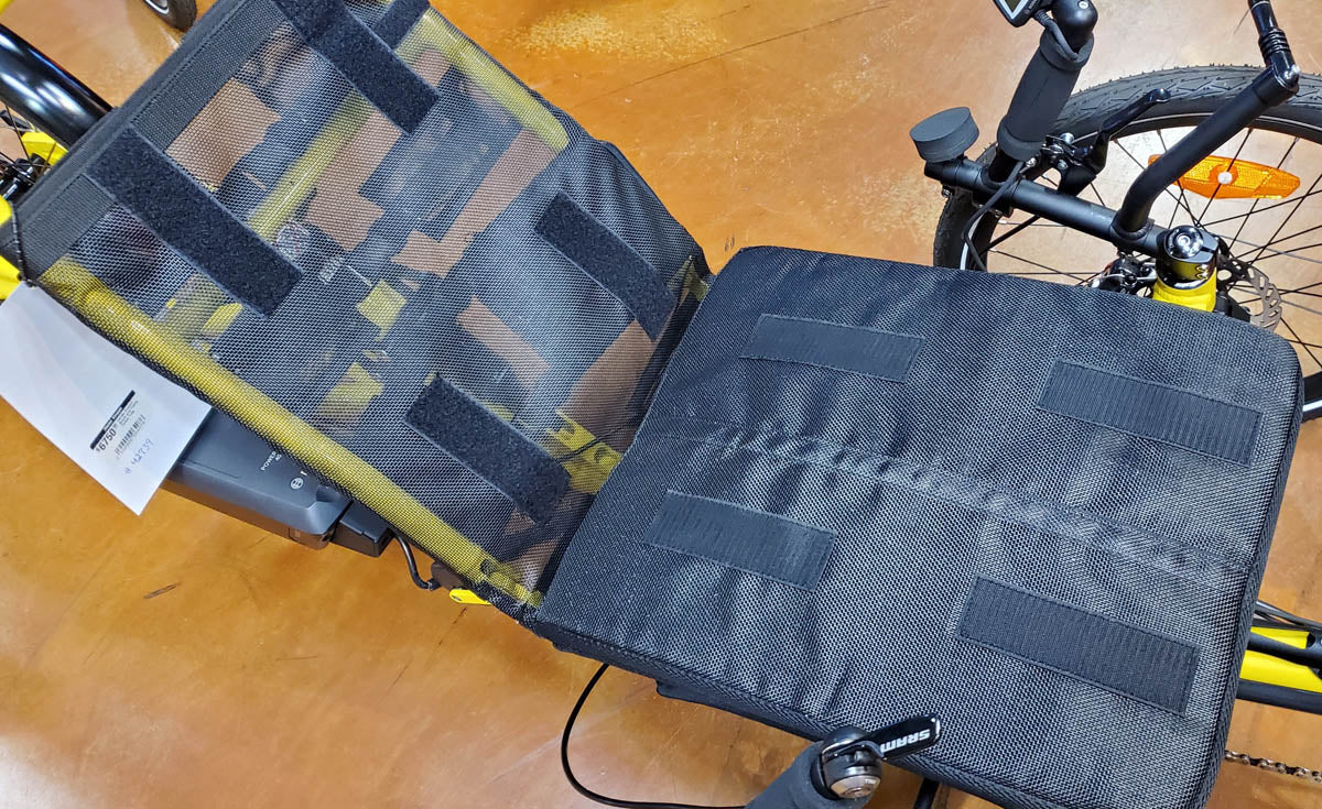 Catrike Adjustable Folding Seat Base Mesh on a trike folded down