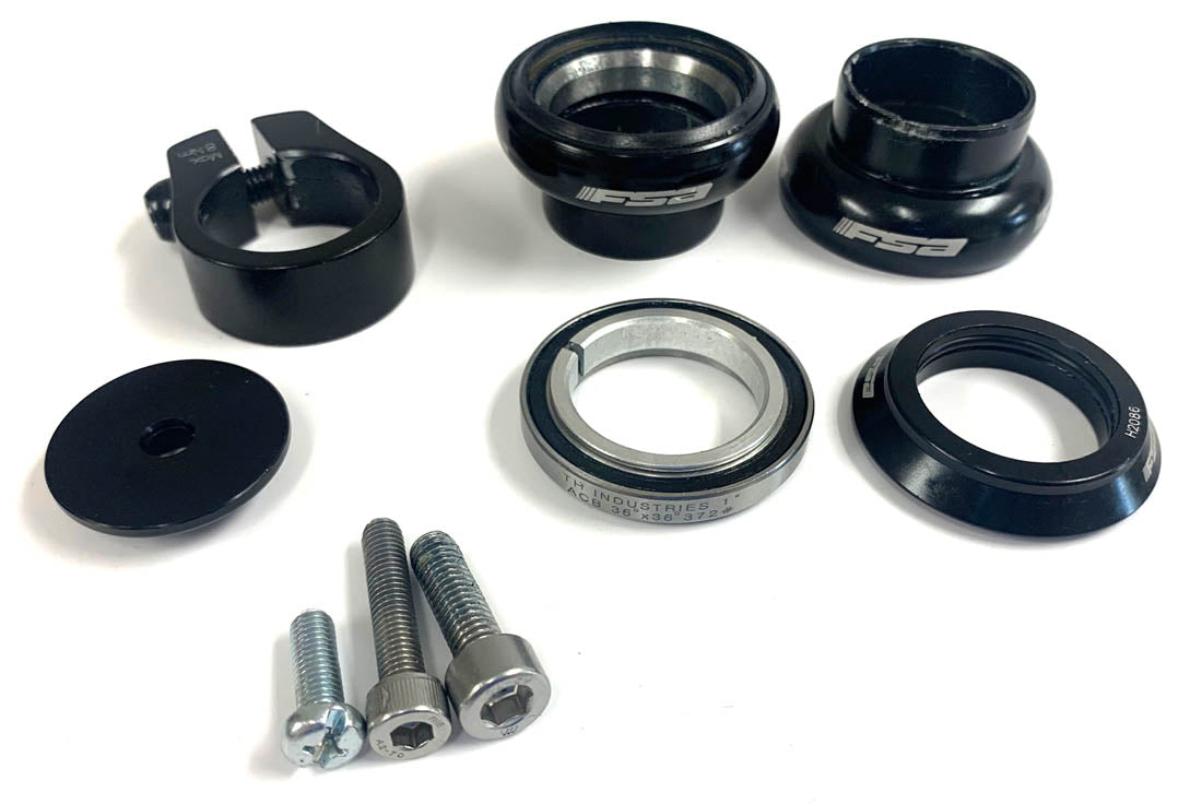 ICE Headset FSA 1" Black Single showing all the parts of the headset on a white background including the clamp, bushings, and screws.