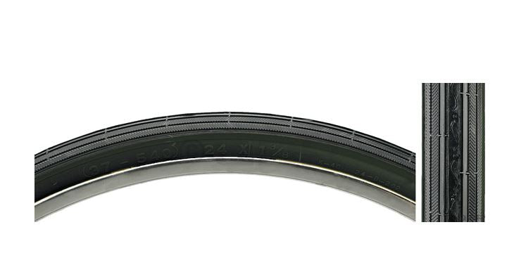 A black Kenda brand bicycle tire with grooved tread, designed for road use.
