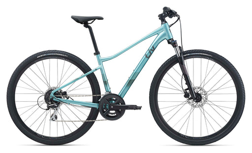 A side view of the women's specific Liv Rove 3 Disc Mountain Bike in Ocean Cube.