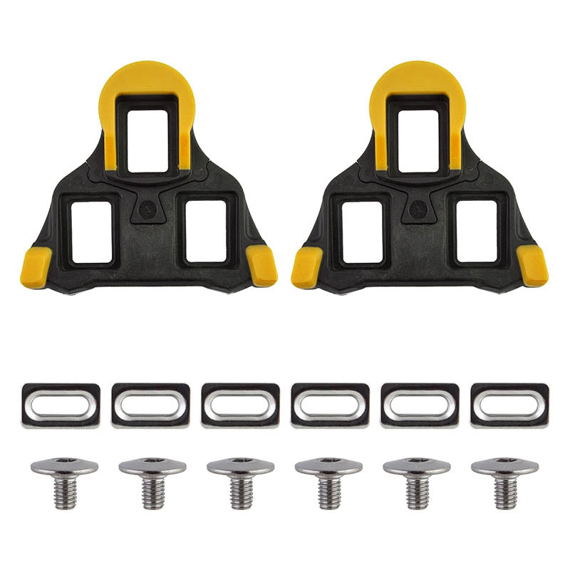 Origin 8 Split 6 SPD-SL 6 Degree Float Pedal Cleats showing the mounting hardware for the clips as well as the plastic clip itself on a white background