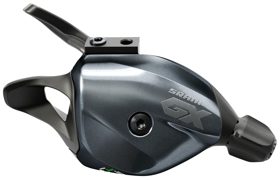SRAM GX Eagle 12-speed rear trigger shifter in a lunar gray color, featuring a discrete handlebar clamp.