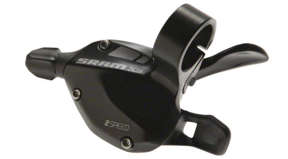 A black SRAM X.5 2 Speed Front Shifter for mountain bikes.