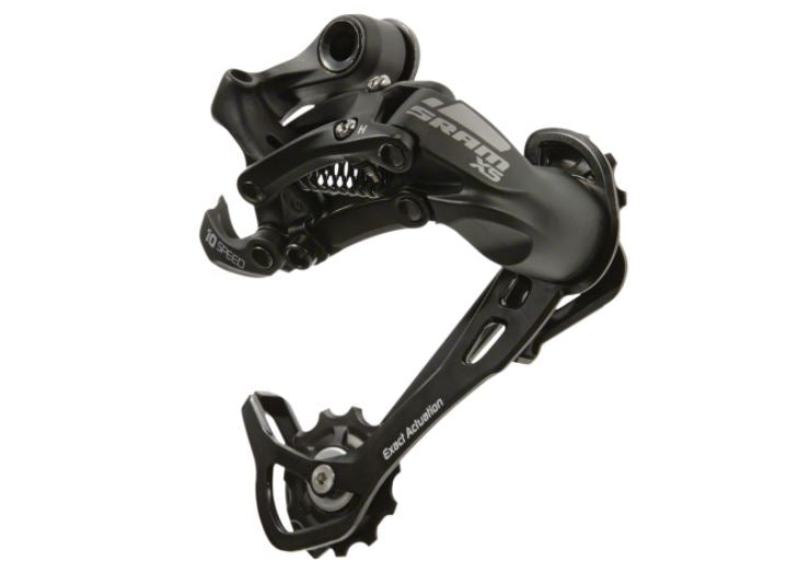SRAM X5 10 Speed Long Cage Black Rear Derailleur side view showing the derailleur