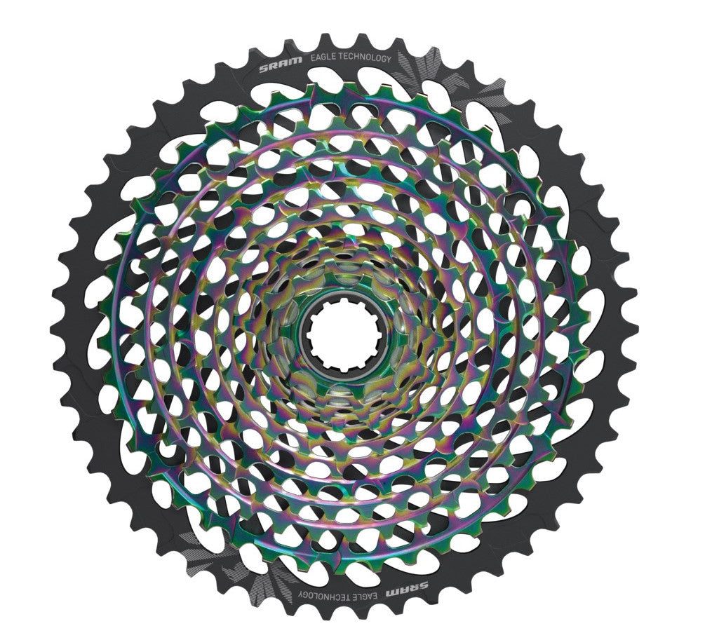 SRAM XX1 Eagle AXS XG-1299 12 Speed 10-50t Rainbow XD Driver Cassette top down showing the rainbow design