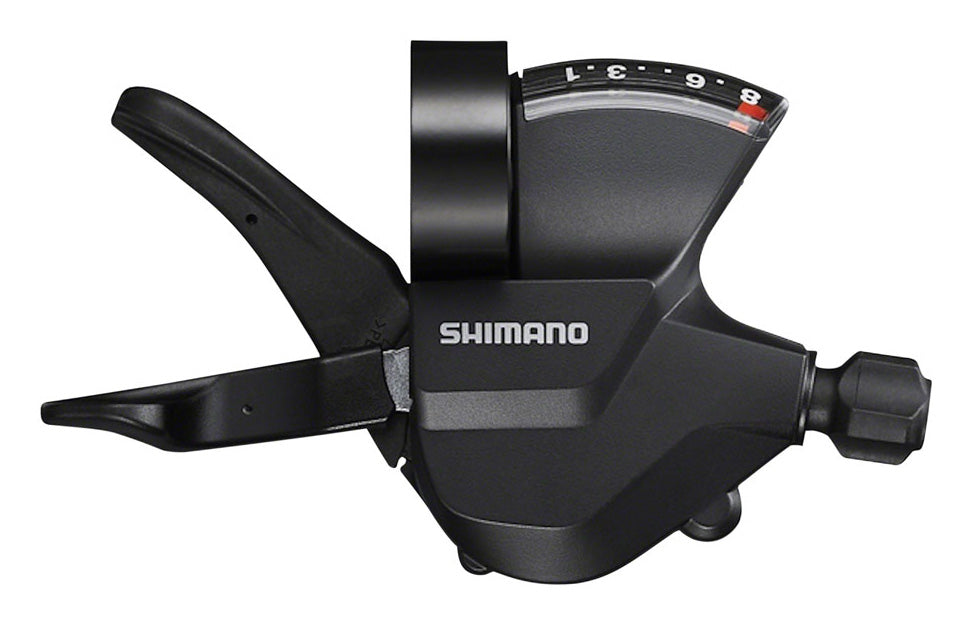 A black Shimano Altus SL-M315 8-Speed Right Rapidfire Plus Shifter for bicycles.