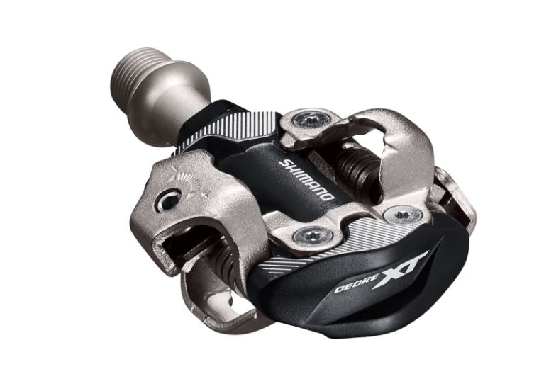 Studio image of right black and silver Shimano Deore XT M8100 pedals