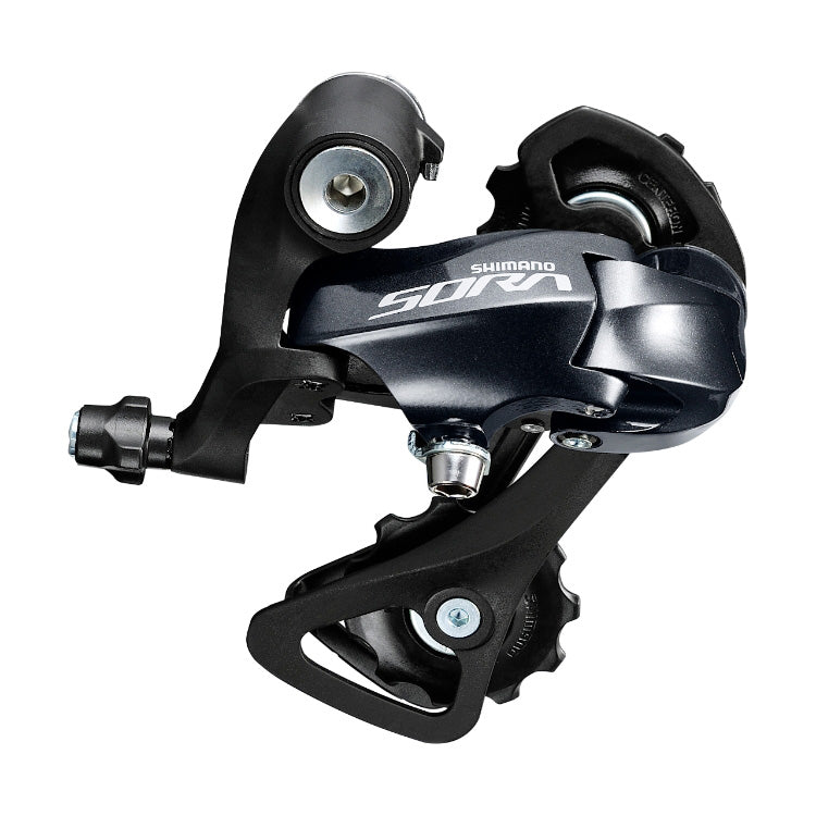Shimano Sora RD-R3000-SS 9 Speed Short Cage Black Rear Derailleur side view showing the full derailleur