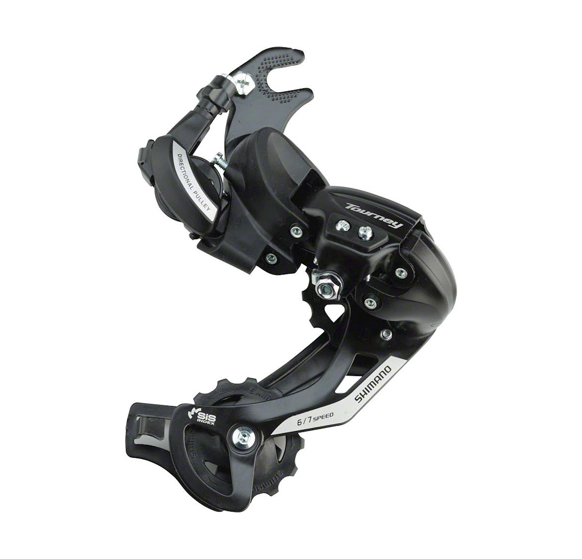 Shimano Tourney TY500 6/7 Speed Black Rear Derailleur side view showing the full derailleur