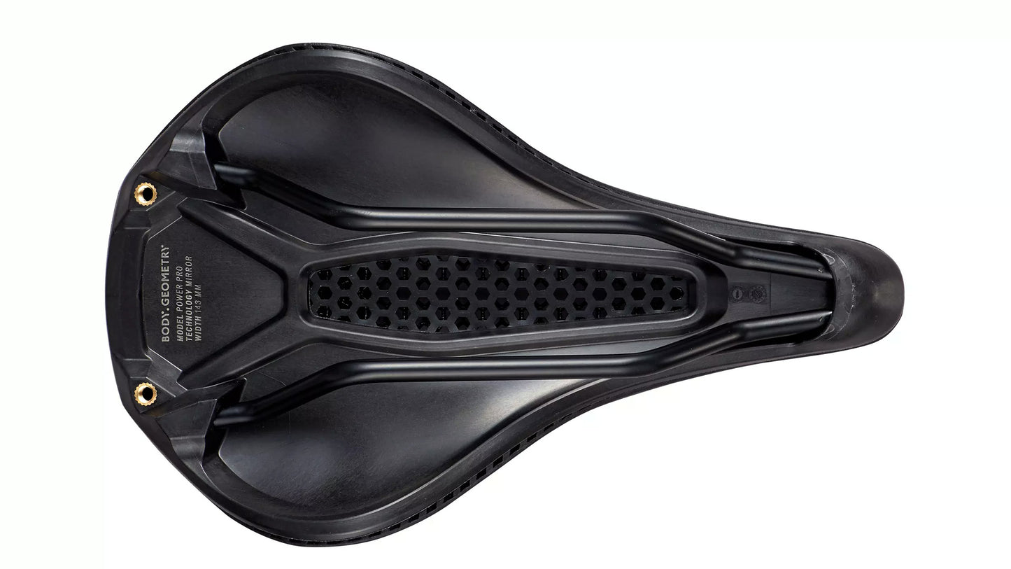 Specialized Power Pro Mirror Saddle Black showing the bottom on a white background.