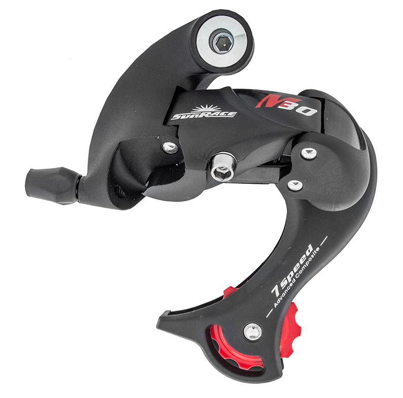 Sunrace Direct Short Cage 7 Speed Rear Derailleur with Removable Hanger side view showing the full derailleur