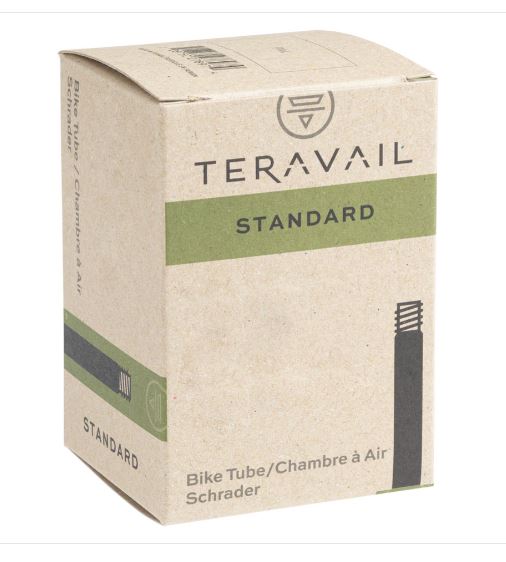 A box of Teravail Standard Schrader Valve tubes for bicycles, with green and black label featuring the product details.