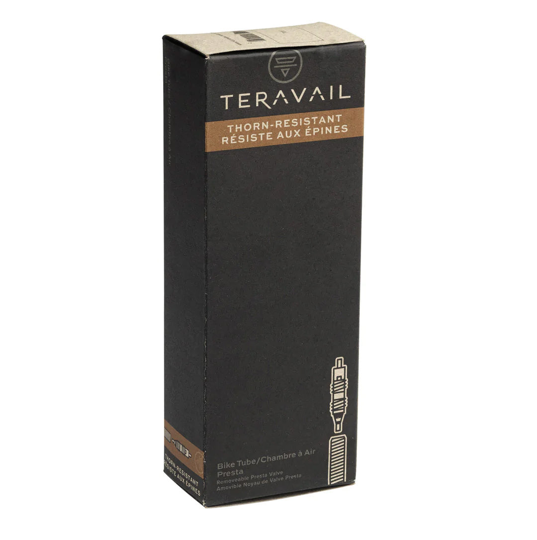 A black box packaging of Teravail Thorn Resistant Presta Valve Tube with a size indication of 26 x 2 - 2.4 on the front.