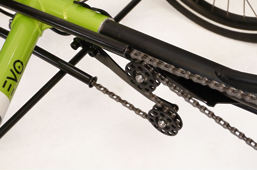 TerraTrike Chain Gobbler 2 Evo shown on a terratrike evo, which is green. the background is white