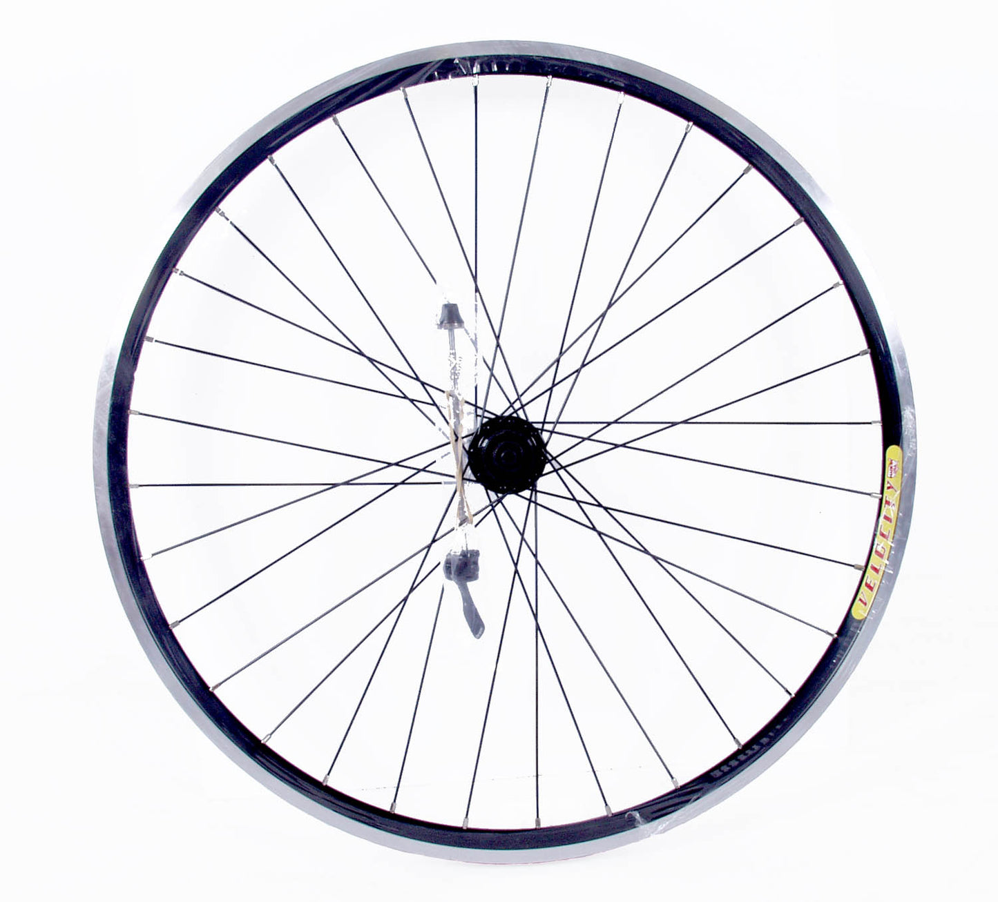A black Velocity Dyad 26-inch bicycle wheel with silver nipples and black spokes.