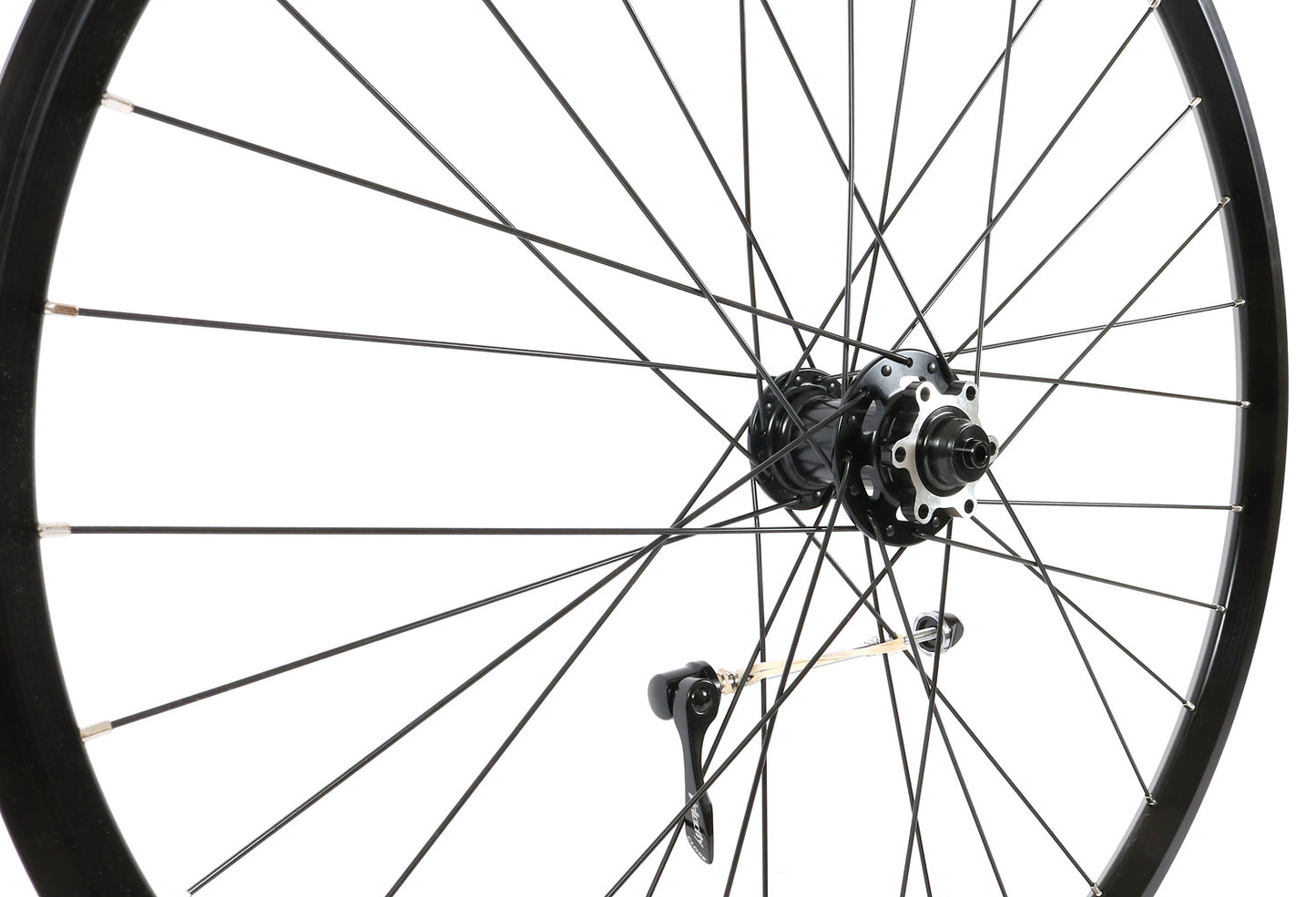 Velocity Dyad 26 Inch 559mm NMSW Black 32h Black Spokes & Silver Nips Standard 100mm Front Disc Wheel close up studio image