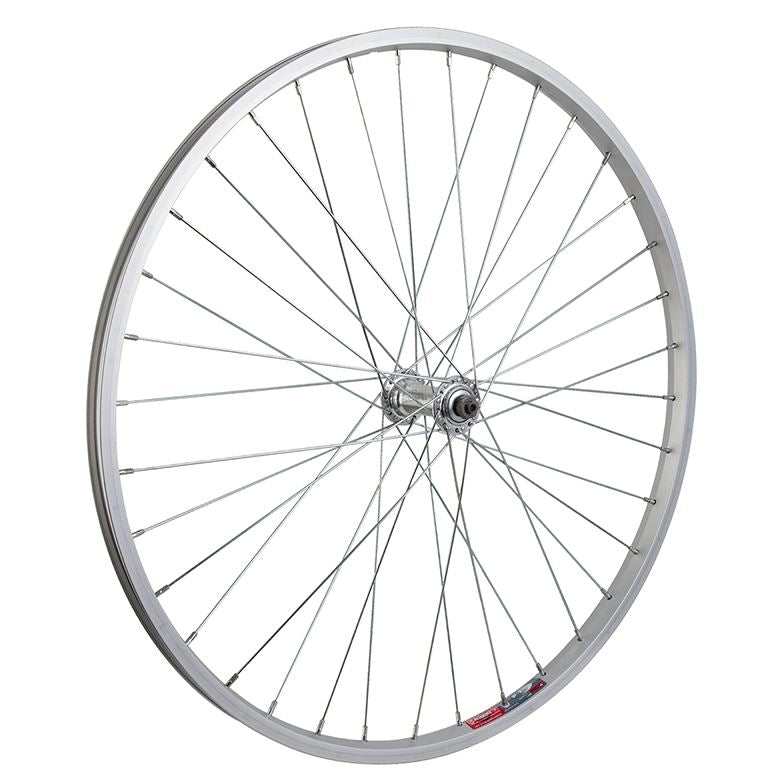 A silver alloy 26 inch front wheel for a bicycle with quick release feature.