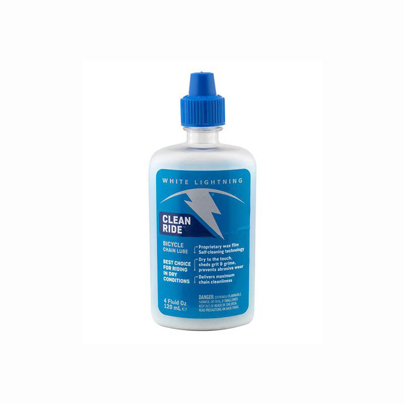 Studio view of 4 ounce bottle of White Lighting Clean Ride chain lube with blue label and twist cap.