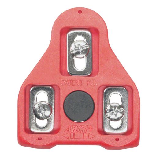 Studio image of red Exustar Look Delta clipless cleats showing three bolt holes for installation