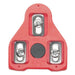 Studio image of red Exustar Look Delta clipless cleats showing three bolt holes for installation