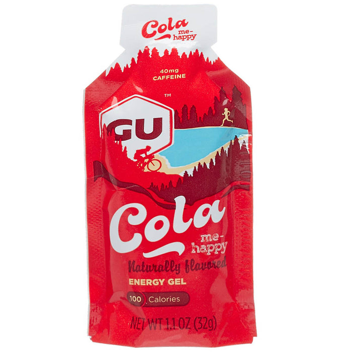studio image of a single red and white package of Gu gel in the Cola me-happy flavor