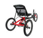 Studio back view of red and black Hase Trigo delta style recumbent trike with one twenty inch wheel in front and two twenty inch wheels in back and black mesh seat