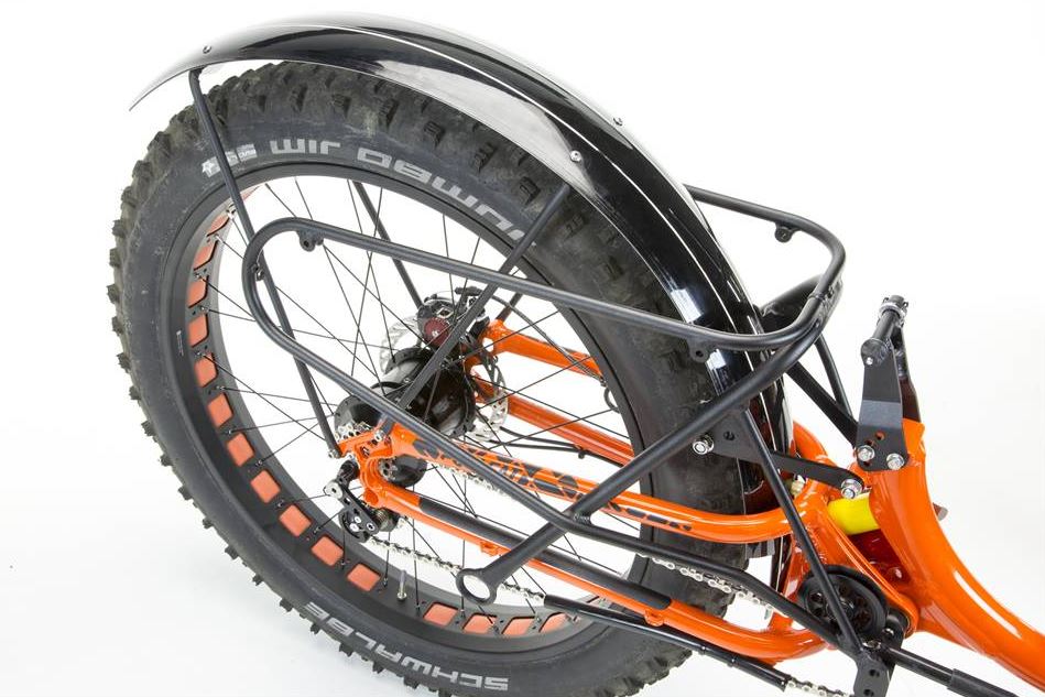 the ice full fat rear mudguard on an orange trike. studio image.