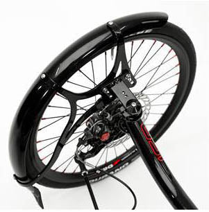 Studio image of the ice front mudguards (rigid) pair, closeup of the wheel with the mudguard on it.