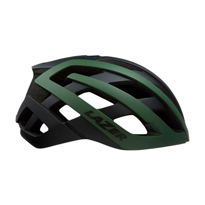 studio image of right profile of a Lazer G1 MIPs helmet with the top and front of the helmet shell in dark matte green and the back portion of the helmet in black.