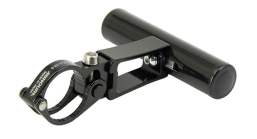 studio image of black Minoura space grip acccessory mount with the black clamp on the left of the image and the adjustable T-bar on the right side of the image